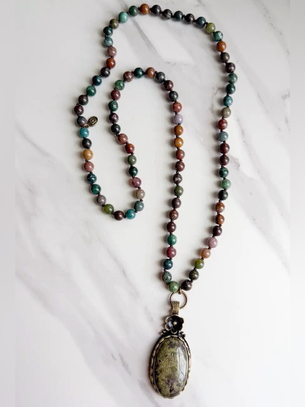 Florette India Agate Multicolor Bead Necklace with Olive Green Stone Pendant